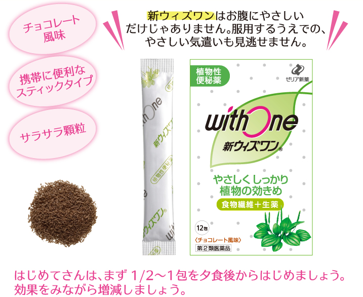 チョコレート風味・携帯に便利なスティックタイプ・サラサラ顆粒／新ウィズワンはお腹にやさしいだけじゃありません。服用するうえでの、やさしい気遣いも見逃せません。