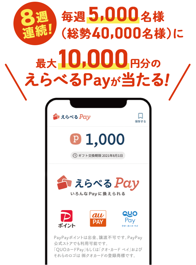 8週連続！毎週5,000名様（総勢40,000名様）に最大10,000円分のえらべるPayが当たる！
