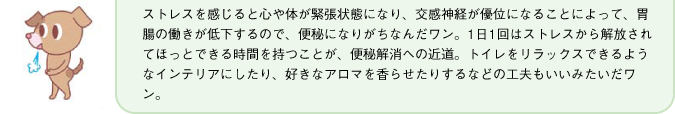 ストレスを感じると心や体が緊張状態になり、交感神経が優位になることによって、胃腸の働きが低下するので、便秘になりがちなんだワン。1日1回はストレスから解放されてほっとできる時間を持つことが、便秘解消への近道。トイレをリラックスできるようなインテリアにしたり、好きなアロマを香らせたりするなどの工夫もいいみたいだワン。