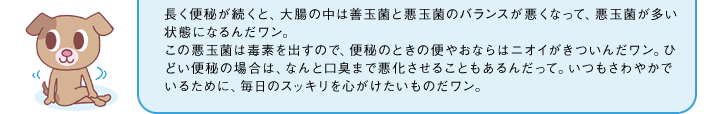 長く便秘が続くと、大腸の中は善玉菌と悪玉菌のバランスが悪くなって、悪玉菌が多い状態になるんだワン。この悪玉菌は毒素を出すので、便秘のときの便やおならはニオイがきついんだワン。ひどい便秘の場合は、なんと口臭まで悪化させることもあるんだって。いつもさわやかでいるために、毎日のスッキリを心がけたいものだワン。