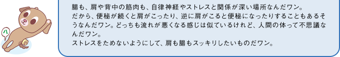 腸も、肩や背中の筋肉も、自律神経やストレスと関係が深い場所なんだワン。だから、便秘が続くと肩がこったり、逆に肩がこると便秘になったりすることもあるそうなんだワン。どっちも流れが悪くなる感じは似ているけれど、人間の体って不思議なんだワン。ストレスをためないようにして、肩も腸もスッキリしたいものだワン。
