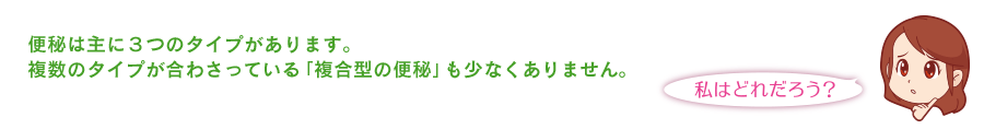 便秘は主に３つのタイプがあります。複数のタイプが合わさっている「複合型の便秘」も少なくありません。