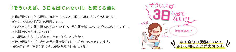 「そういえば、３日も出ていない!!」と慌てる前に お腹が張ってつらい便秘。ほおっておくと、腸にも体にも良くありません。ぽっこりお腹や肌あれの原因にも…。でもやみくもに薬に頼るのもなんかイヤ、便秘薬を試したいけどなんだかコワイ‥、とお悩みの方も多いのでは？実は便秘にもタイプがあることをご存知でしたか？自分の便秘タイプに合った便秘薬を使えば、はじめての方でも大丈夫。「便秘の心得」を学んでつらい便秘を解決しましょう！