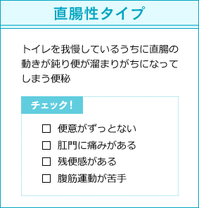 直腸性タイプ トイレを我慢しているうちに直腸の動きが鈍り便が溜まりがちになってしまう便秘