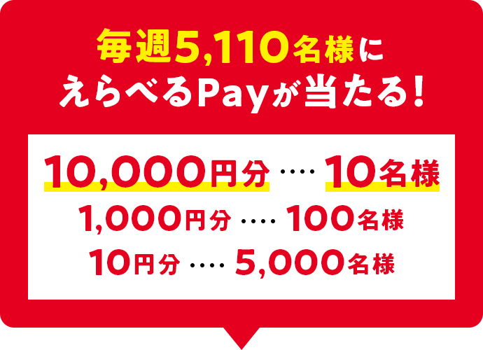 毎週5,110名様にえらべるPayが当たる! 10,000円分10名様 1,000円分100名様 10円分5,000名様