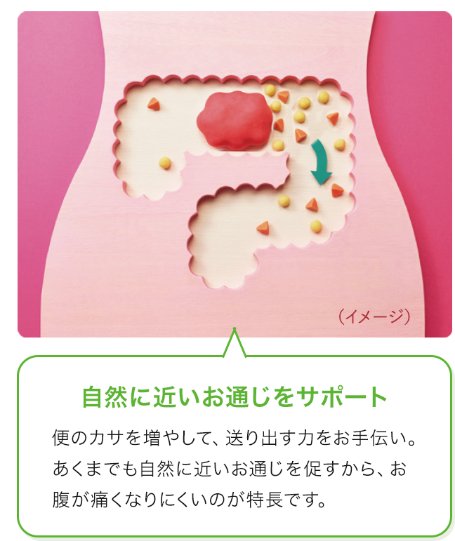 食物繊維がふくらんで押し出す力を助ける！ 自然に近いお通じをサポート 便のカサを増やして、送り出す力をお手伝い。あくまでも自然に近いお通じを促すから、お腹が痛くなりにくいのが特長です。